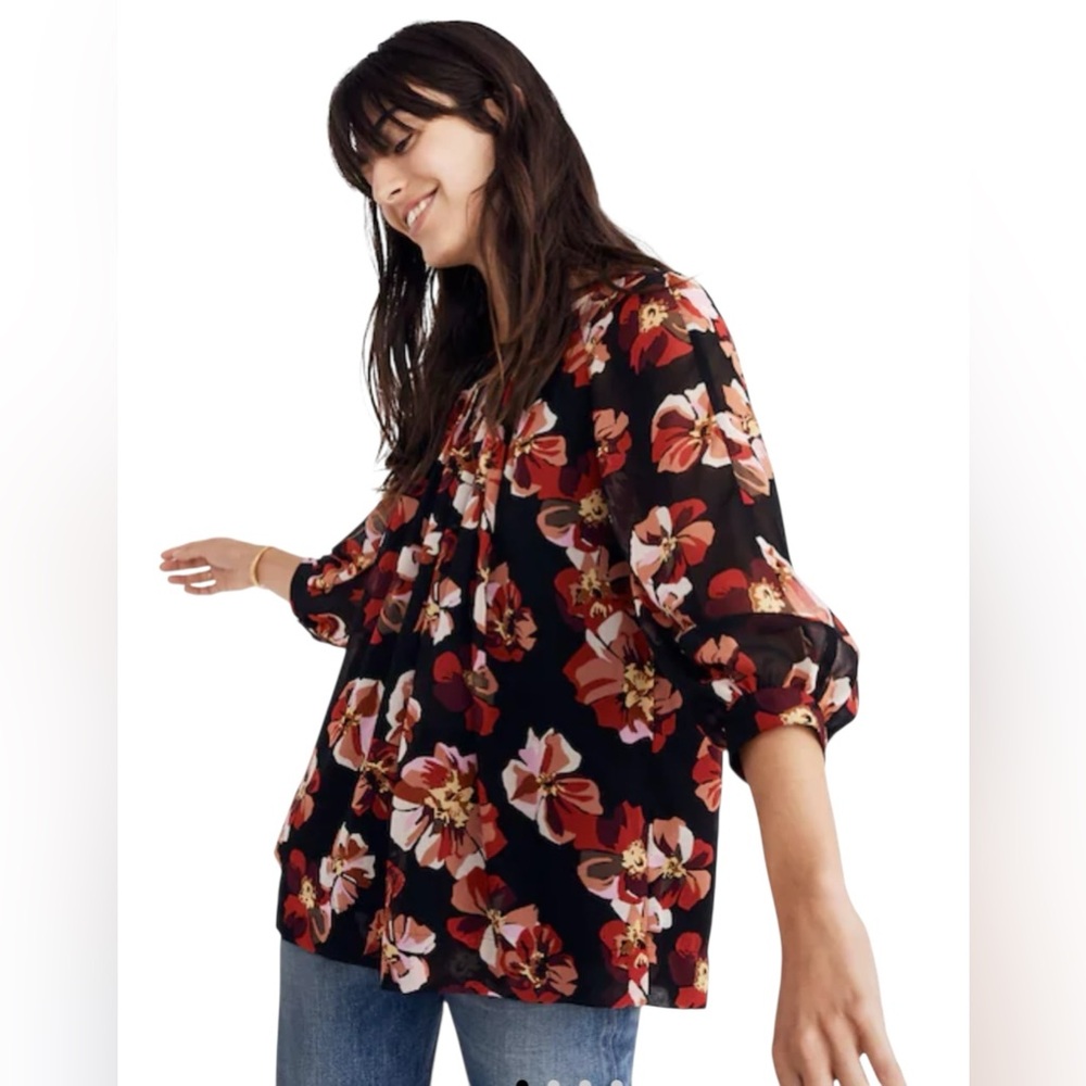 MADEWELL $98 Tie-Back Bubble-Sleeve Top in French Rose Floral Boho Blouse M/L